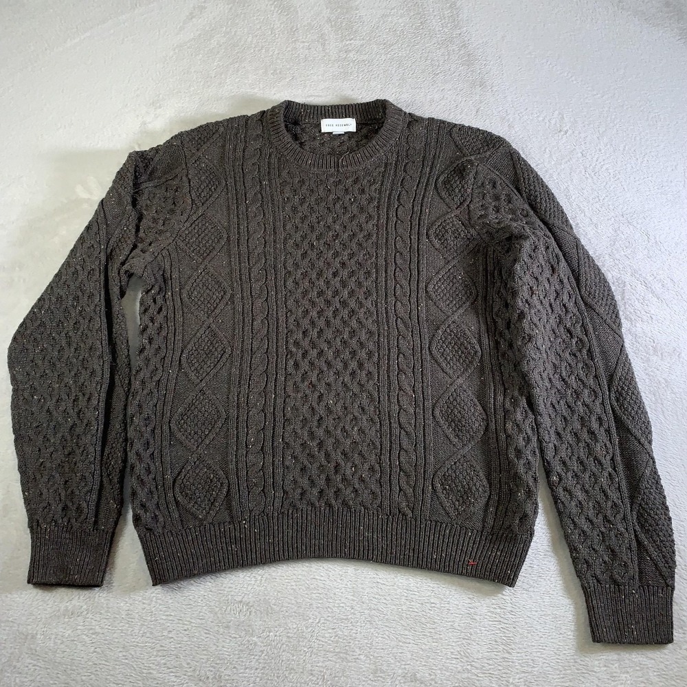 Free Assembly Sweater Mens Large Brown Cable Knit Crewneck Pullover‎ Tweed